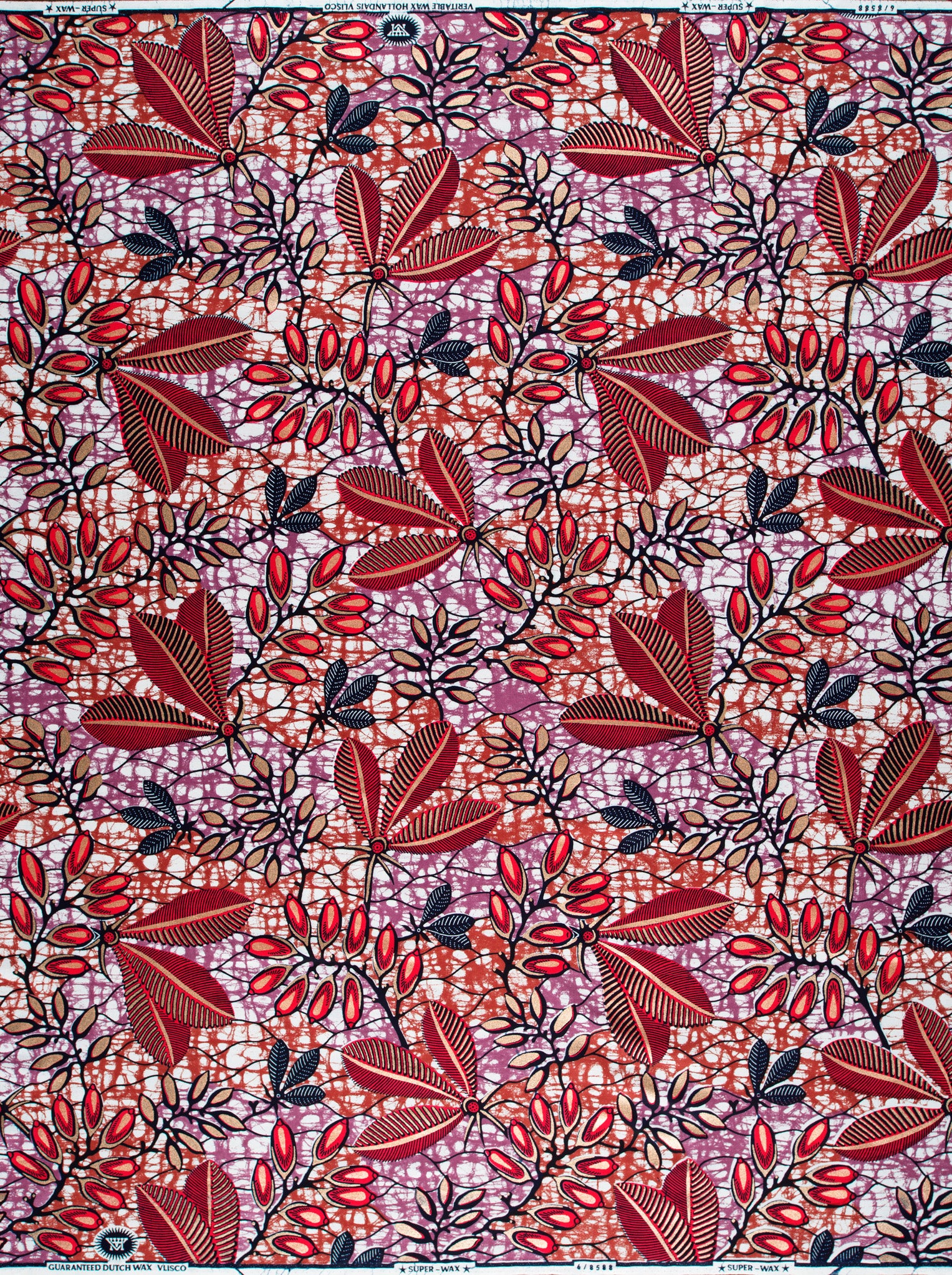 Vibrant red black leaf-patterned african super-wax vl08588.010
