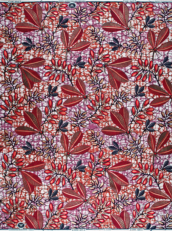 Vibrant red black leaf-patterned african super-wax vl08588.010