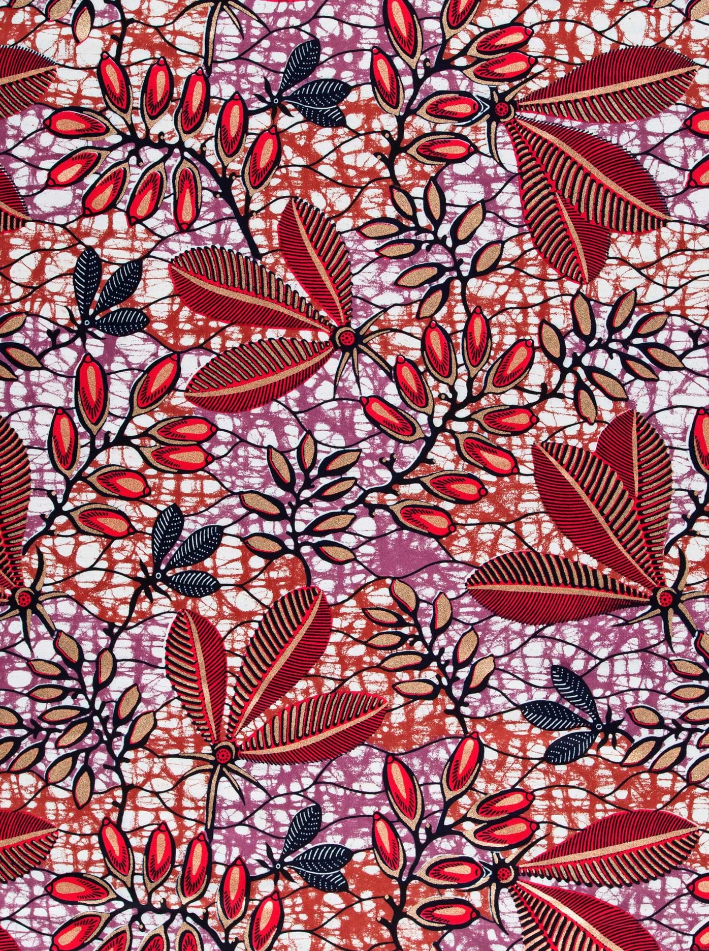 Vibrant red black leaf-patterned african super-wax vl08588.010