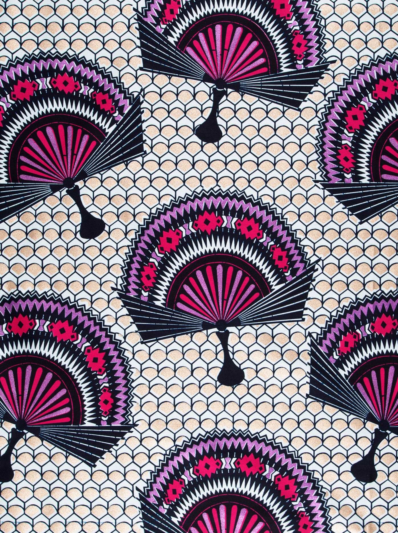 Vibrant pink black fan-patterned fabric wax glitterglam vl08926.014