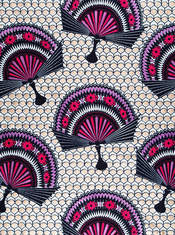 Vibrant pink black fan-patterned fabric wax glitterglam vl08926.014