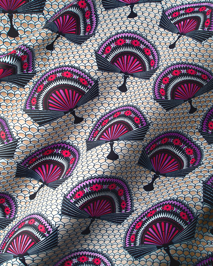 Vibrant purple black fan-patterned fabric wax glitterglam vl08926.014