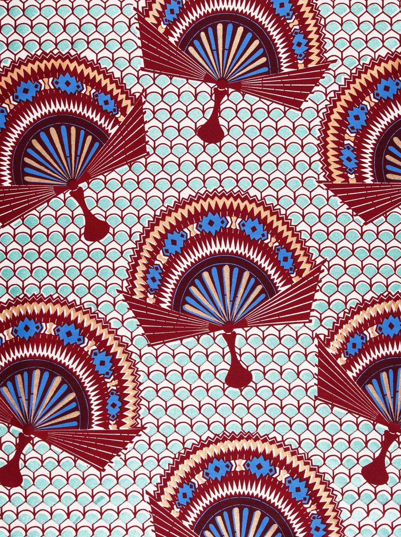 Vibrant red blue fan-patterned fabric wax glitterglam vl08926.016