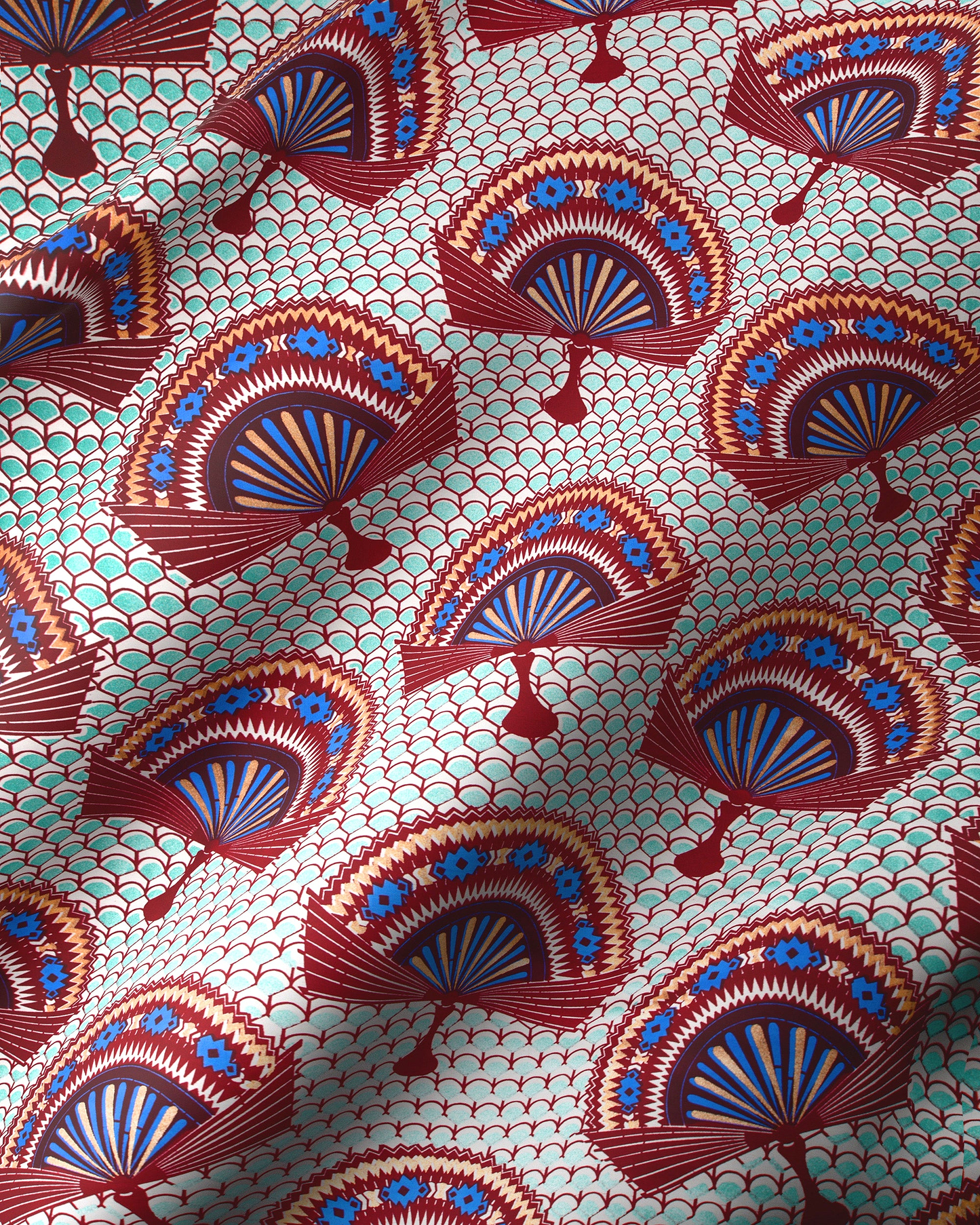 Vibrant red blue fan-patterned fabric wax glitterglam vl08926.016