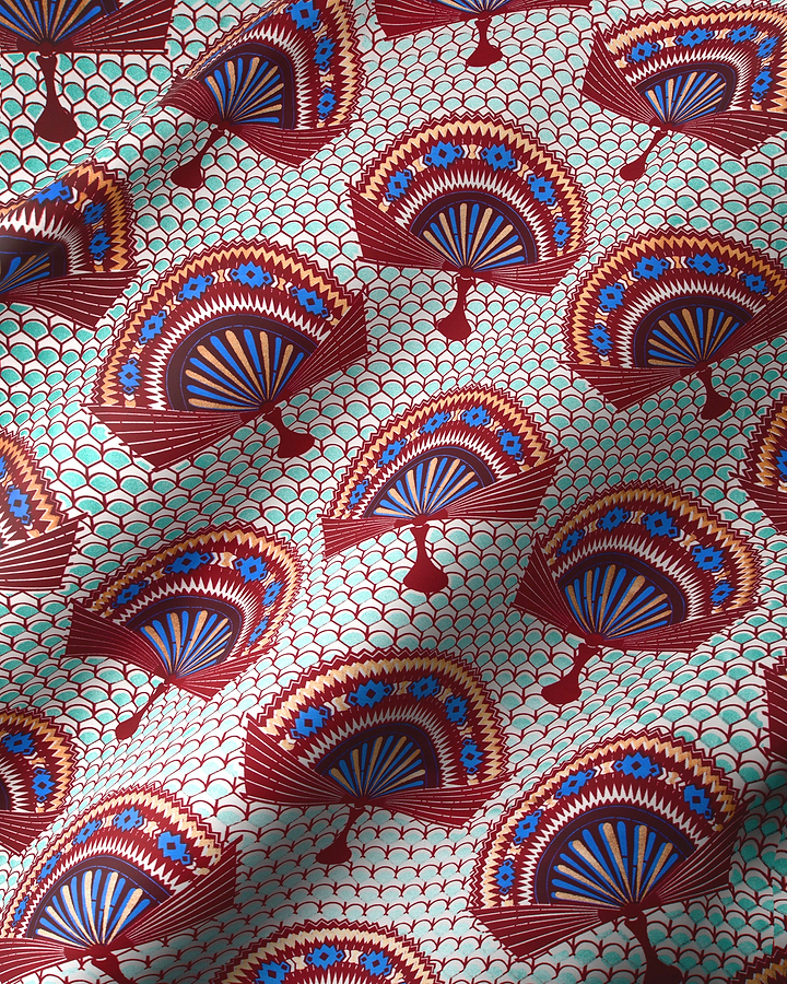 Vibrant red blue fan-patterned fabric wax glitterglam vl08926.016