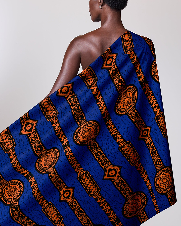 Vibrant blue fabric intricate orange wax hollandais vl0h599.174