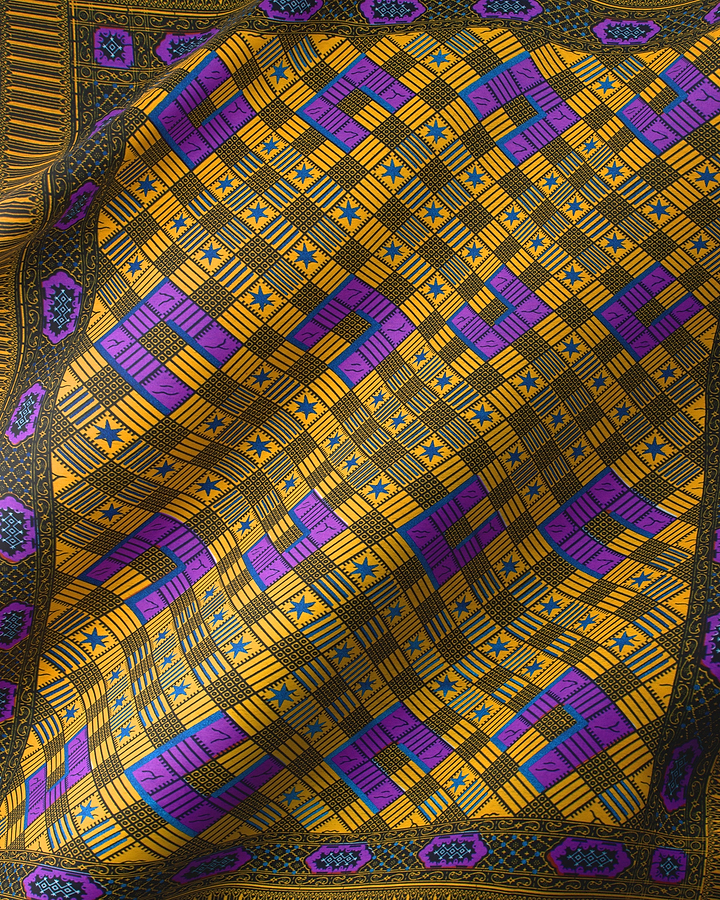 Vibrant yellow purple geometric-patterned silk wax hollandais vl44050.387