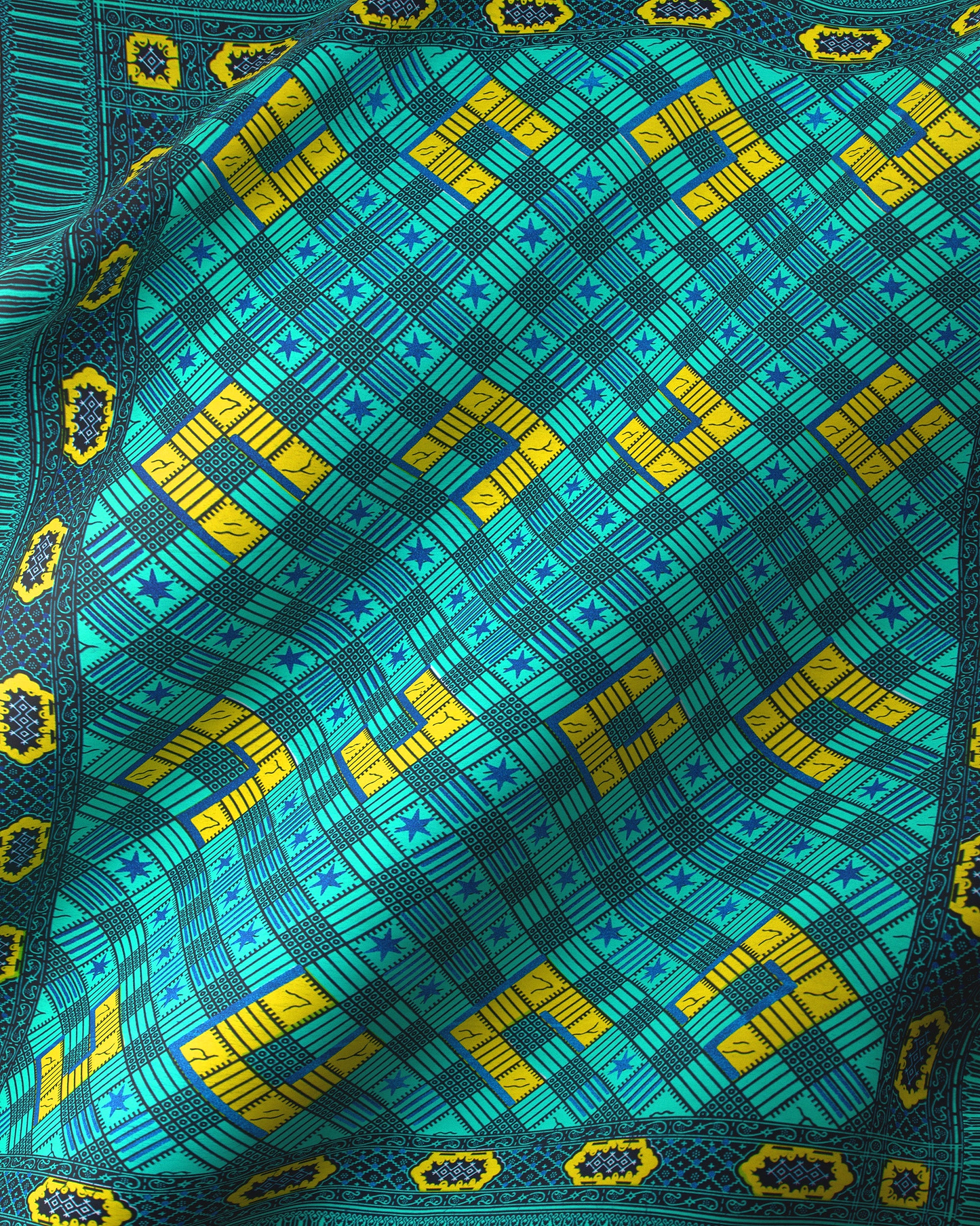 Vibrant turquoise yellow geometric-patterned fabric wax hollandais vl44050.388