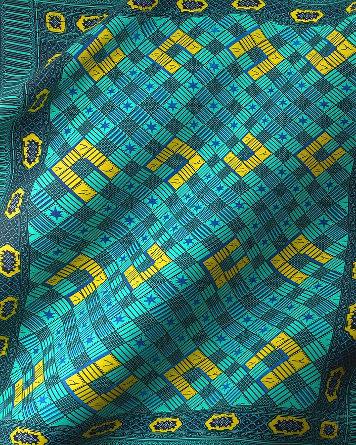 Vibrant turquoise yellow geometric-patterned fabric wax hollandais vl44050.388
