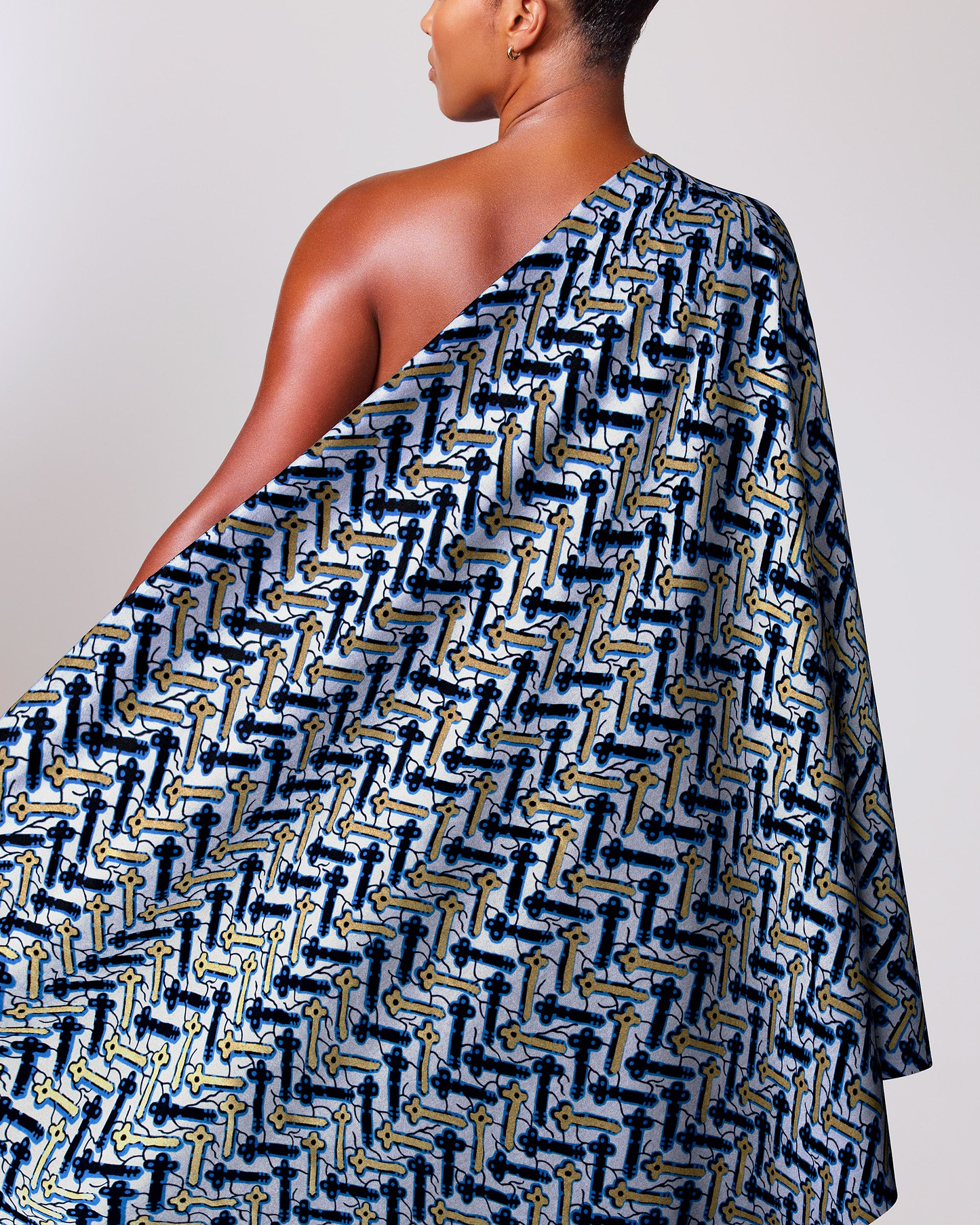 One-shoulder dress bold blue gold wax hollandais vl46700.044