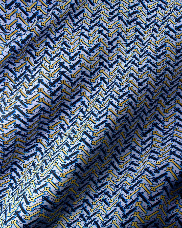 Blue yellow key-patterned fabric zigzag wax hollandais vl46700.044