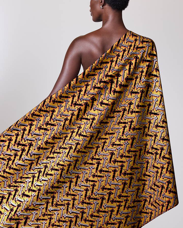 Vibrant yellow fabric pattern black wax hollandais vl46700.046