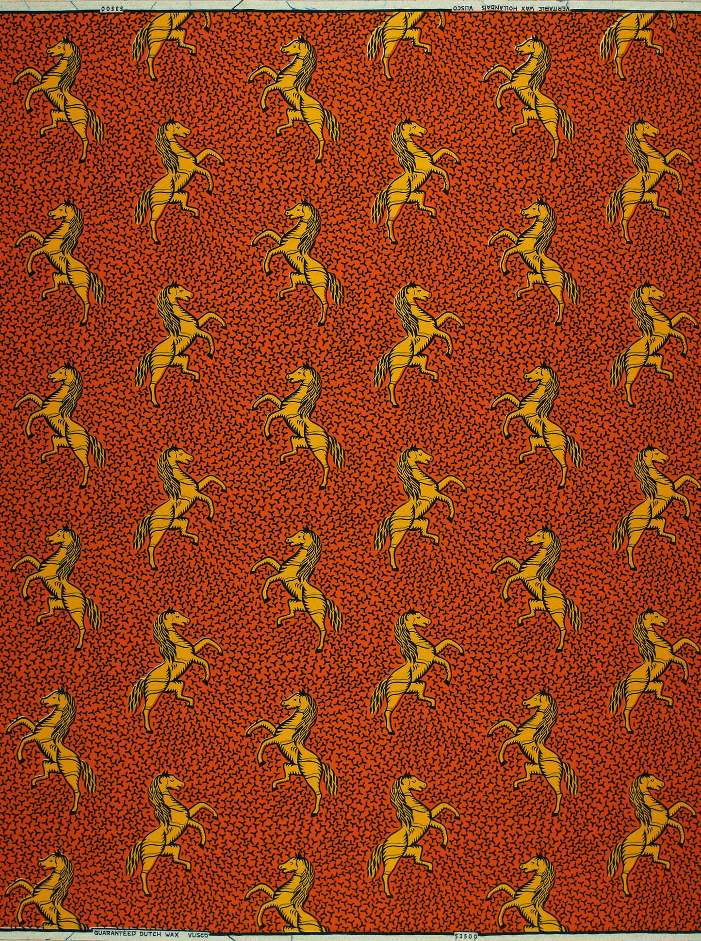 Red fabric pattern yellow horses wax hollandais vl53500.108
