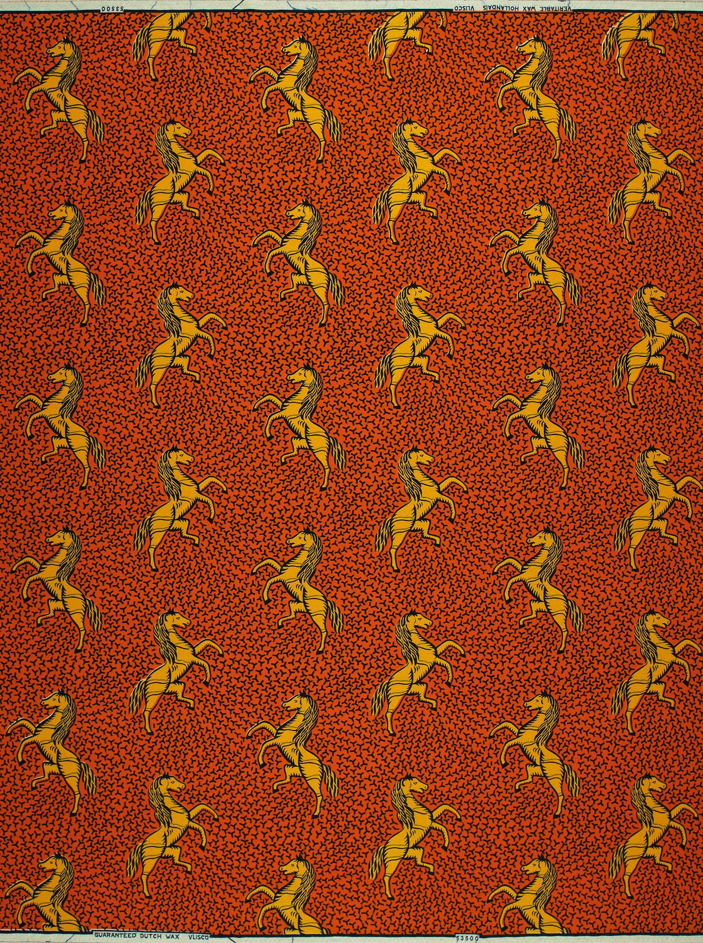 Red fabric pattern yellow horses wax hollandais vl53500.108