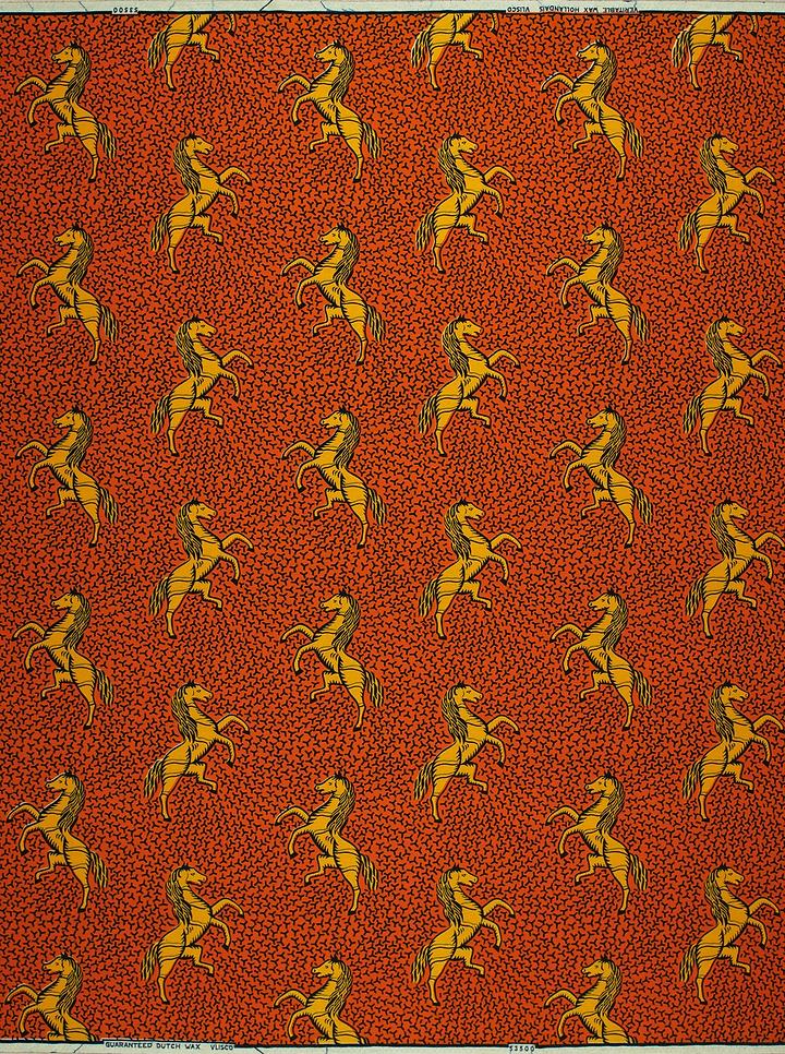 Red fabric pattern yellow horses wax hollandais vl53500.108