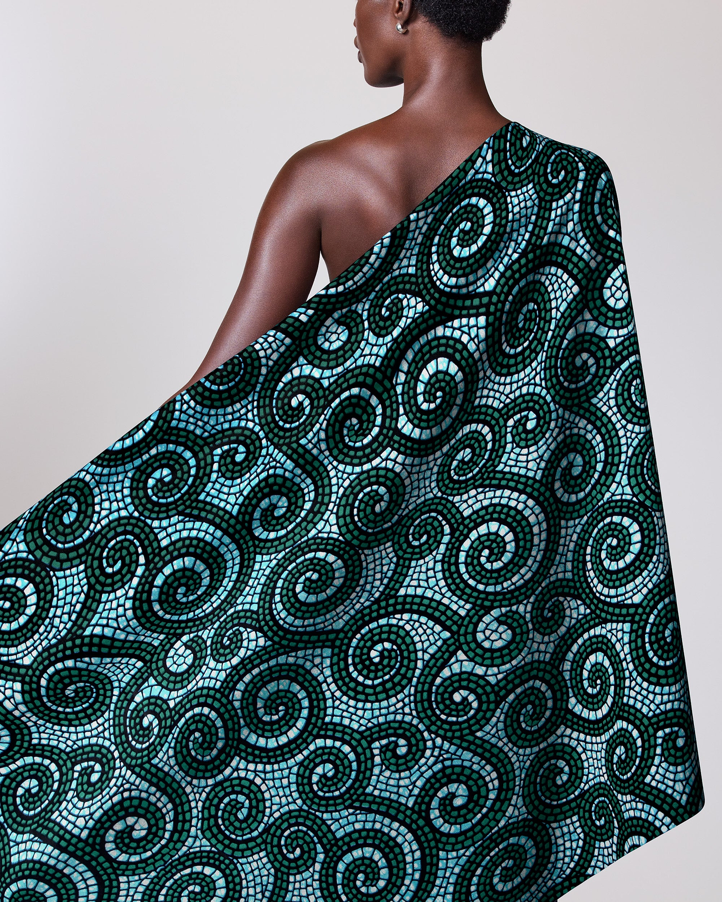 Teal black spiral-patterned fabric draped wax hollandais vl80009.023