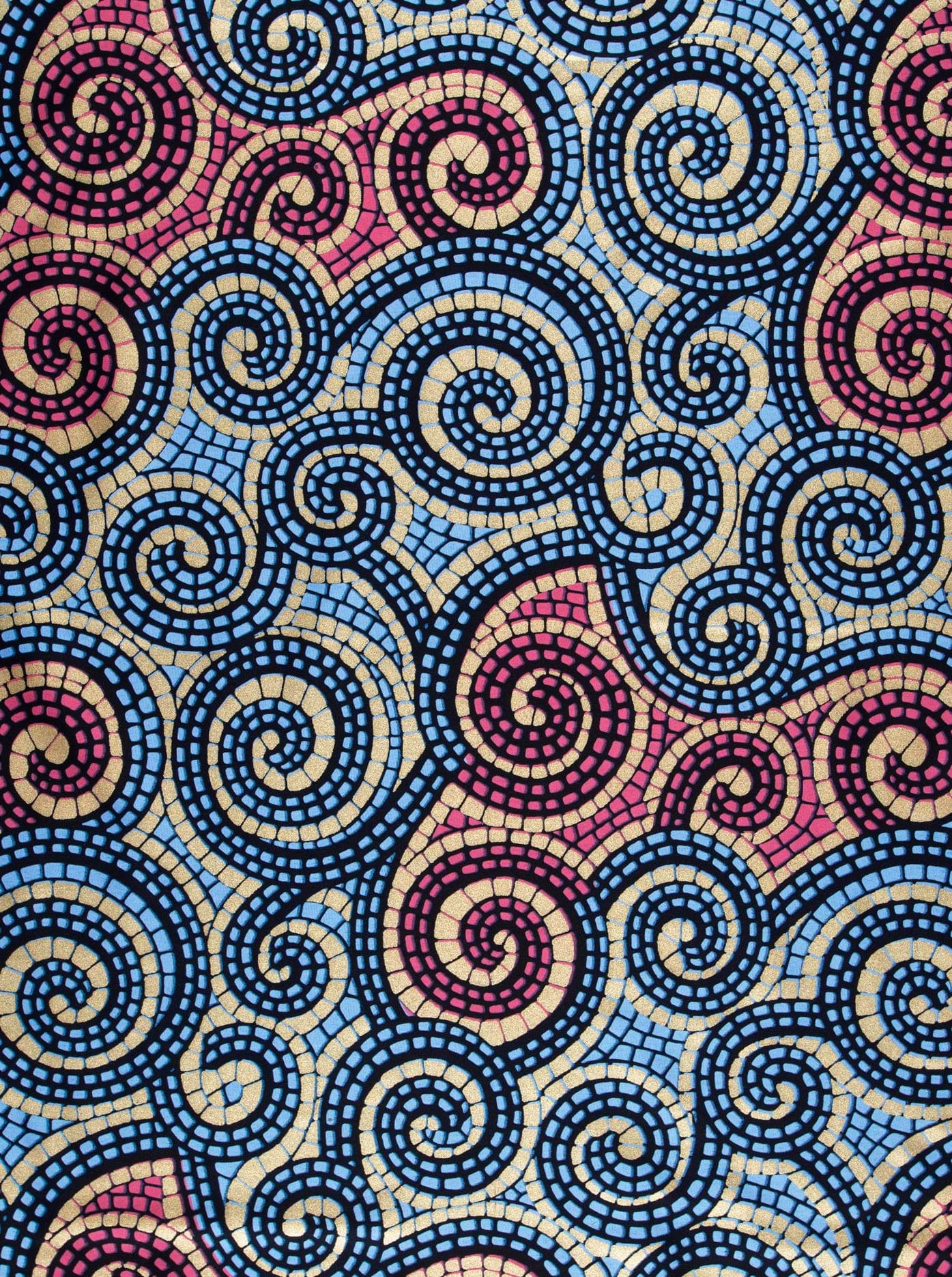 Vibrant mosaic-patterned fabric spirals bold wax hollandais vl80009.024