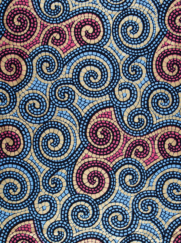 Vibrant mosaic-patterned fabric spirals bold wax hollandais vl80009.024