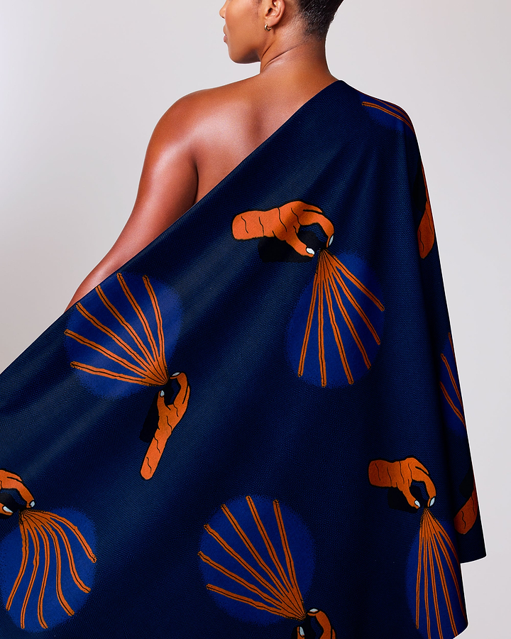 Navy blue one-shoulder wrap dress wax hollandais vla0020.157