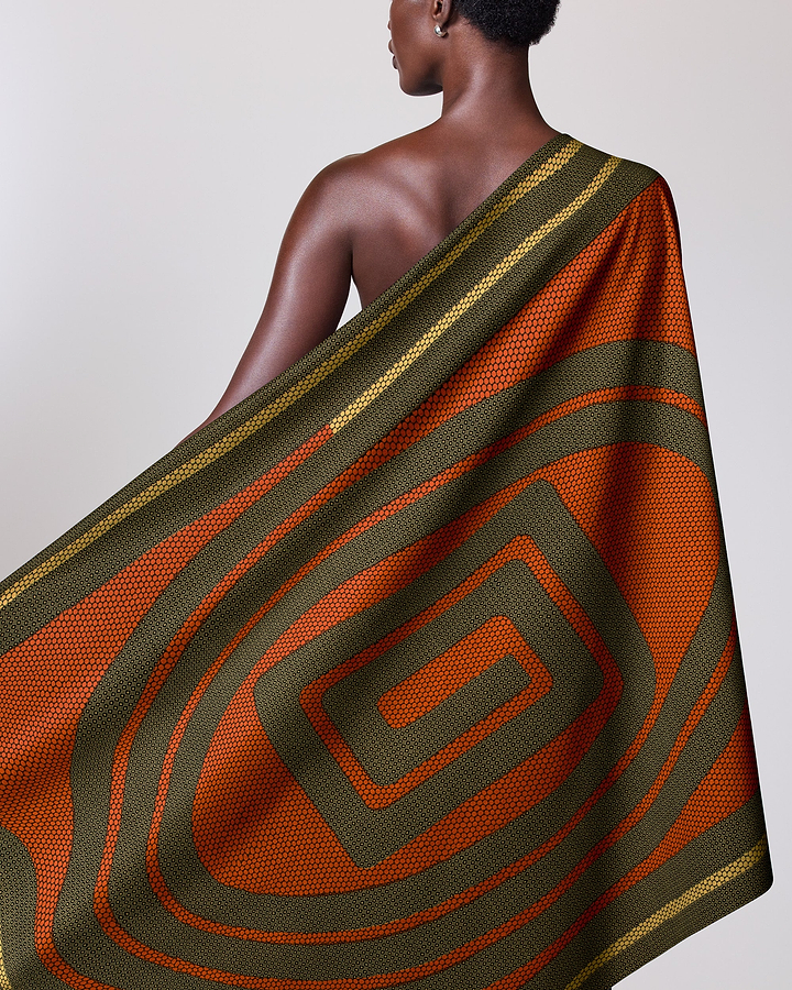 Vibrant orange olive green geometric-patterned wax hollandais vla0196.117