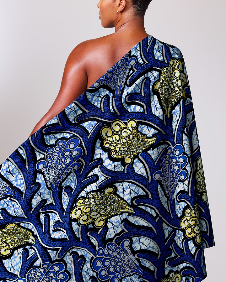 Vibrant blue gold patterned one-shoulder super-wax vla0374.029