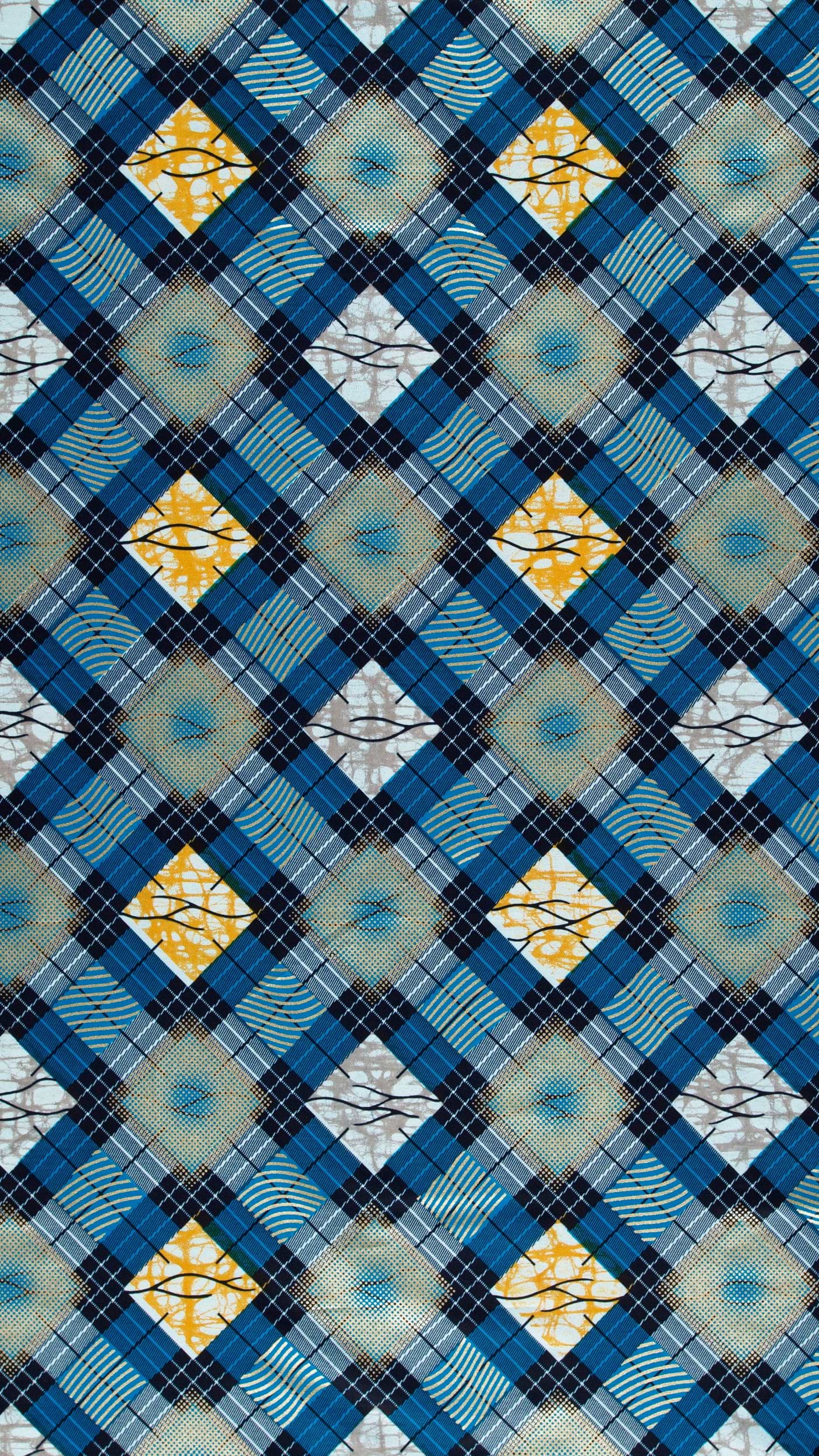 Blue yellow geometric-patterned fabric plaid super-wax vla0947.066