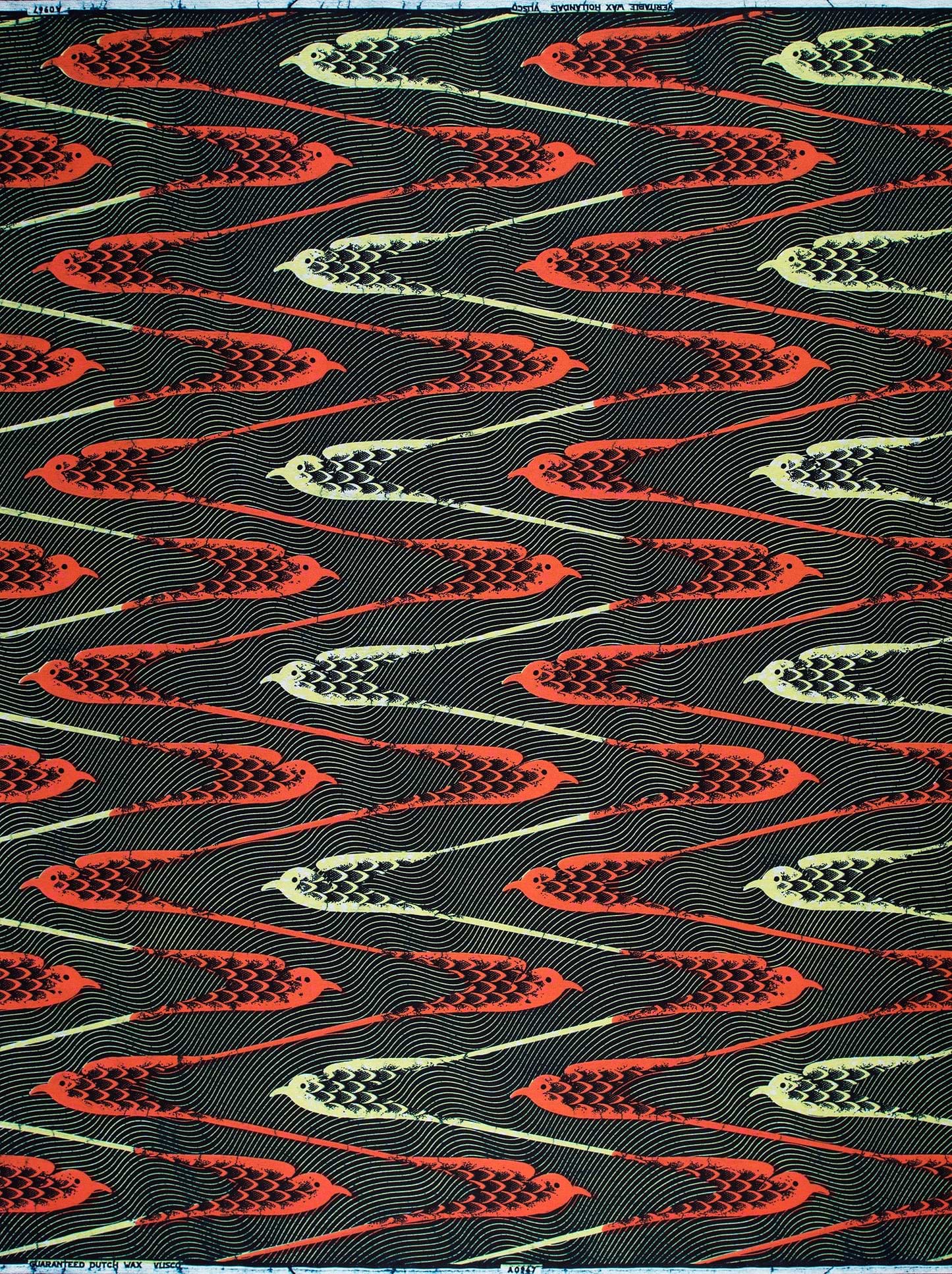 Black fabric pattern stylized birds wax hollandais vla0967.018