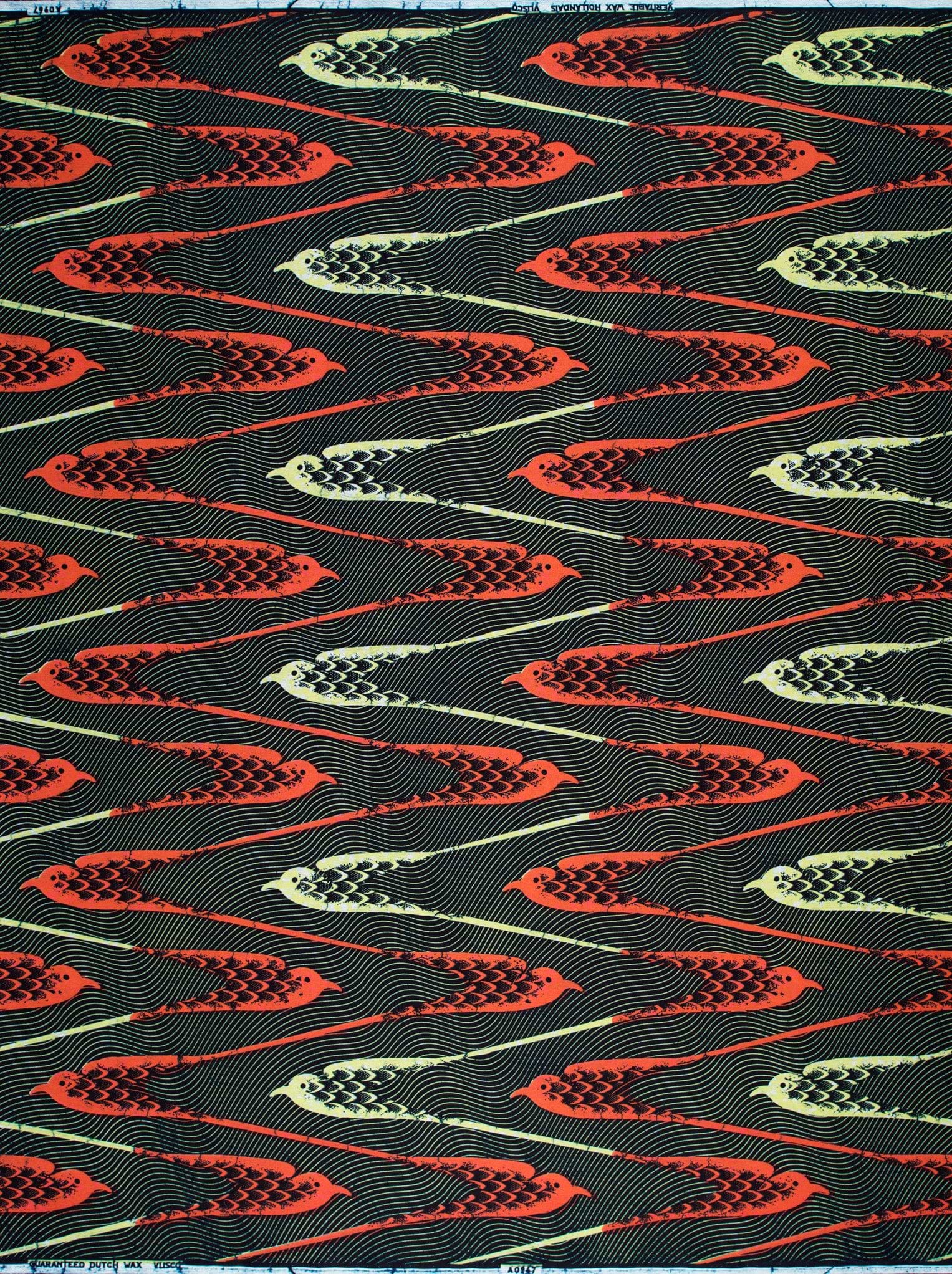Black fabric pattern stylized birds wax hollandais vla0967.018
