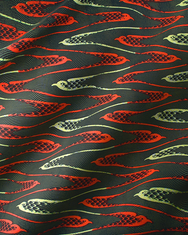Black fabric pattern stylized birds wax hollandais vla0967.018