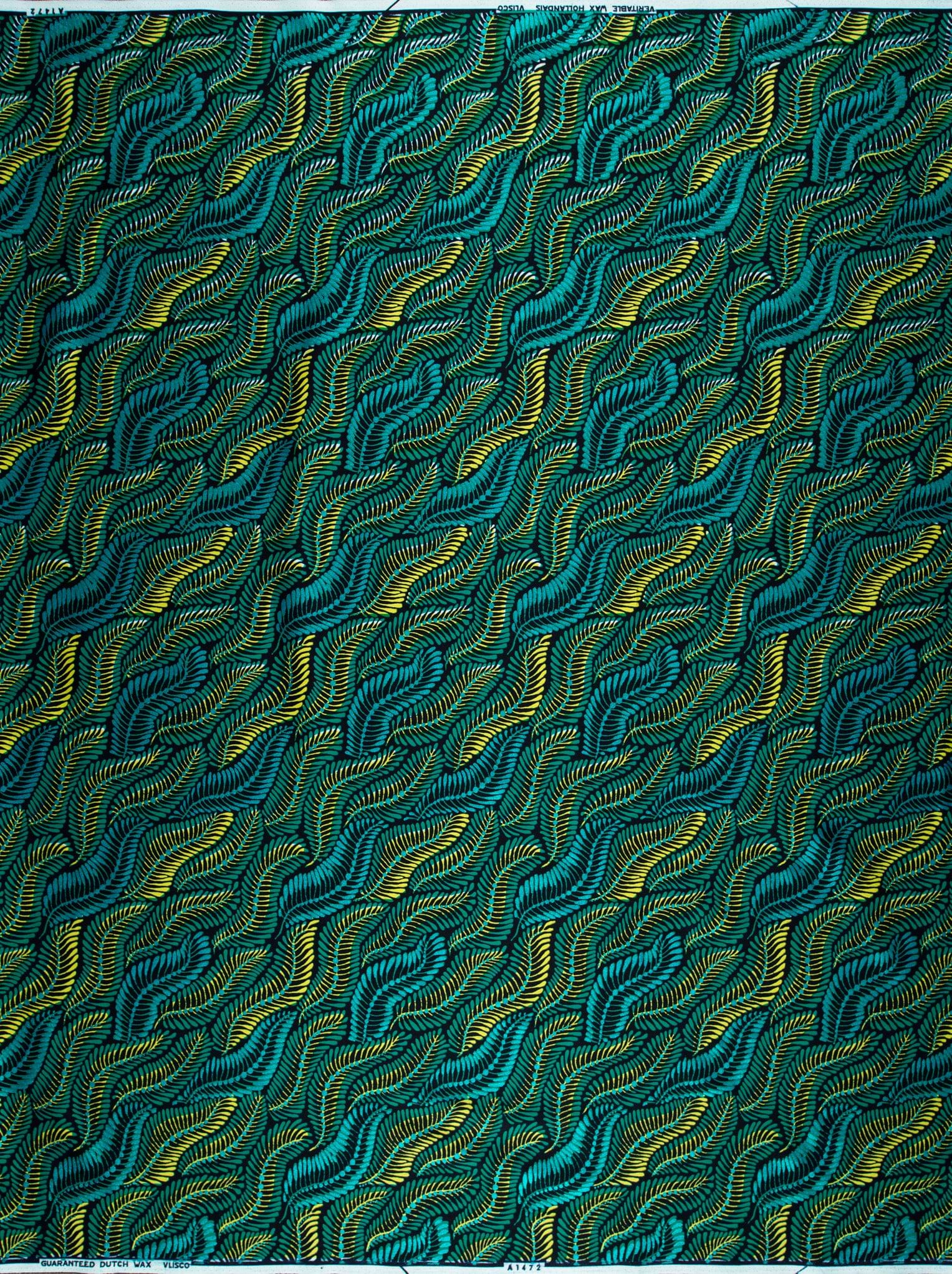 Teal gold wavy leaf-patterned fabric wax hollandais vla1472.017