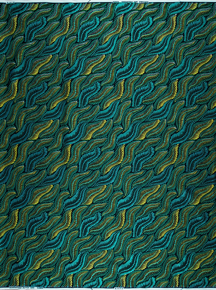 Teal gold wavy leaf-patterned fabric wax hollandais vla1472.017
