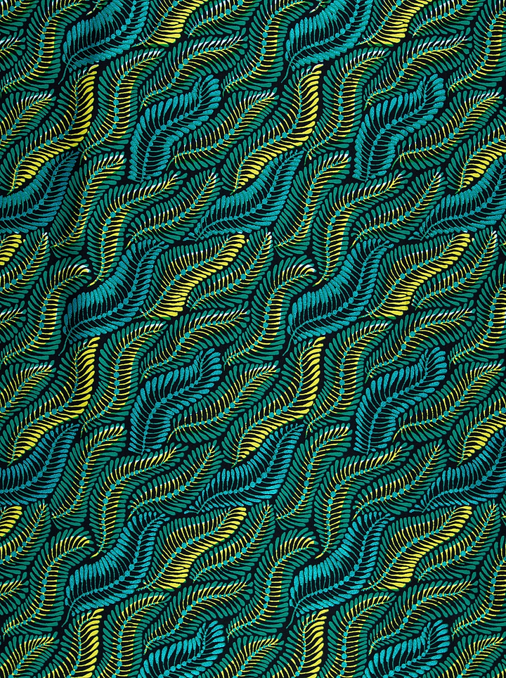 Vibrant teal yellow leaf-patterned fabric wax hollandais vla1472.017