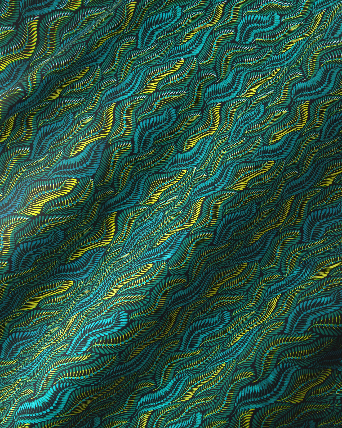 Teal gold wavy leaf-patterned fabric wax hollandais vla1472.017
