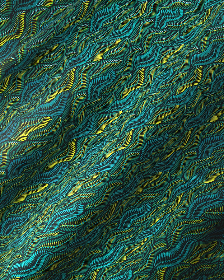 Teal gold wavy leaf-patterned fabric wax hollandais vla1472.017