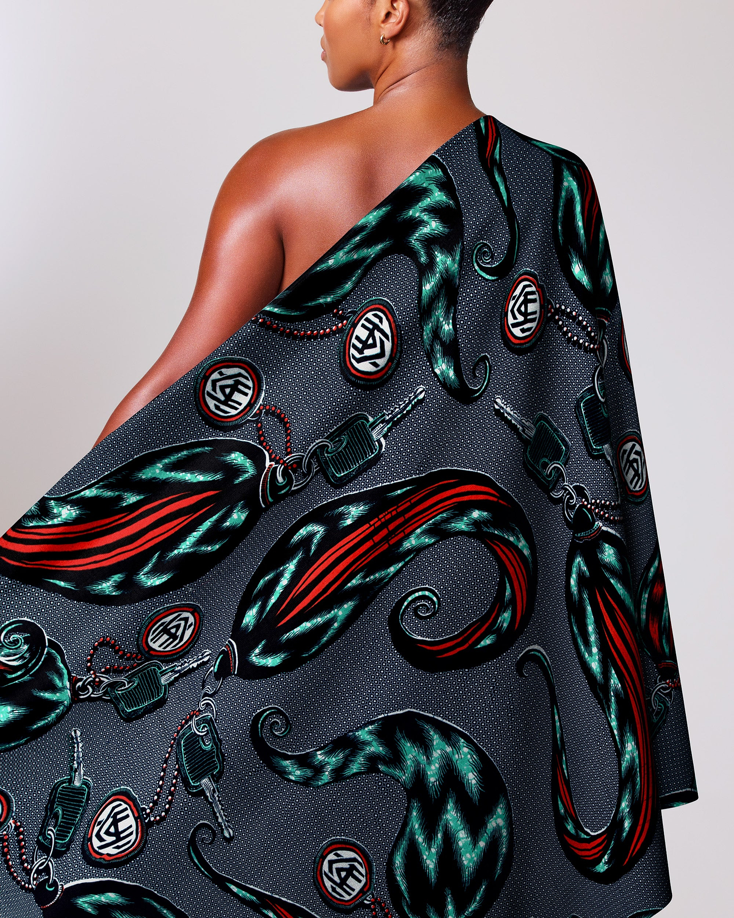 One-shoulder dress dark gray fabric wax hollandais vla1517.049