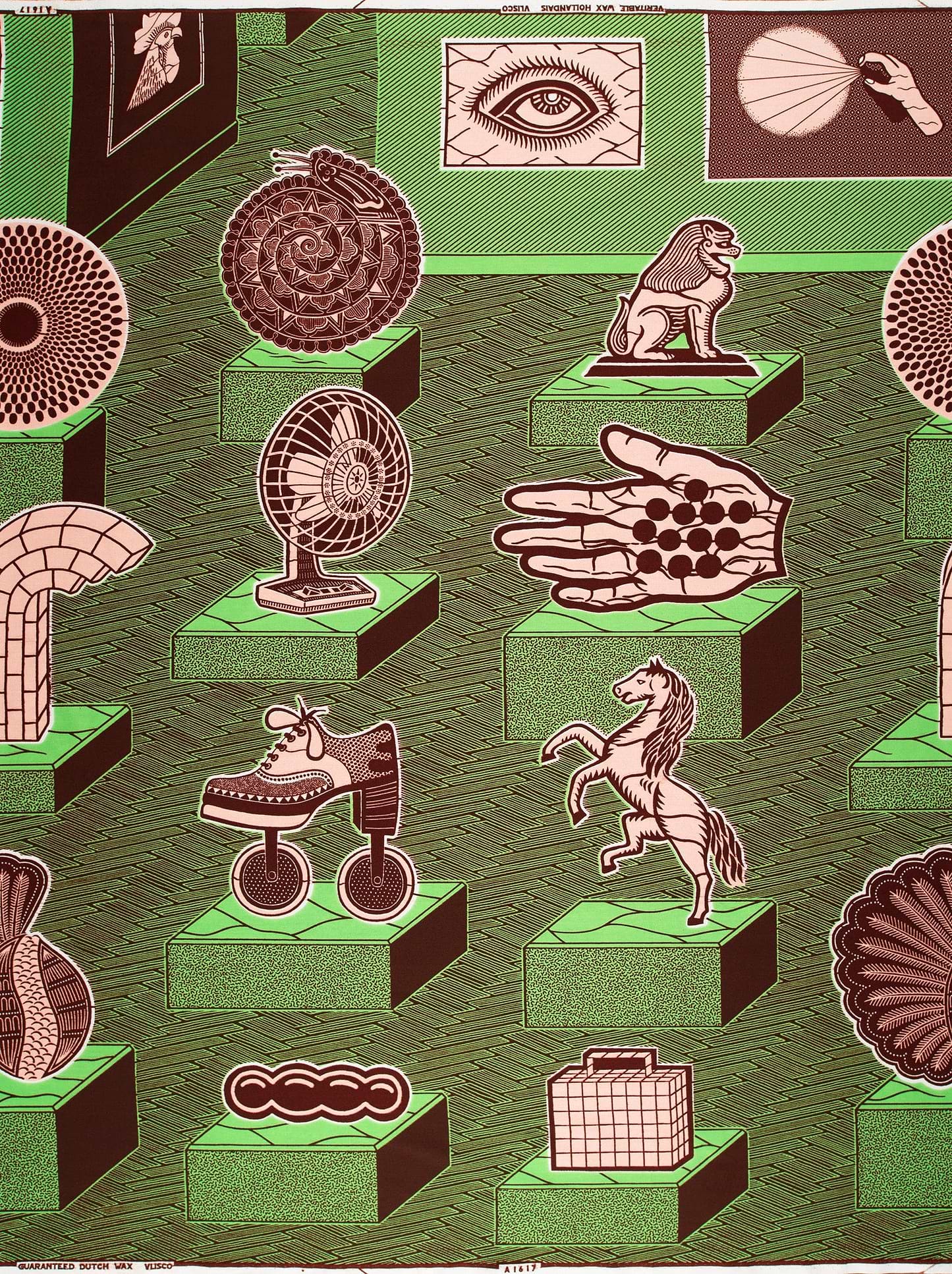 Green brown patterned fabric stylized wax hollandais vla1617.040