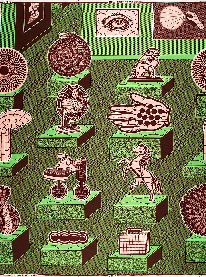 Green brown patterned fabric stylized wax hollandais vla1617.040