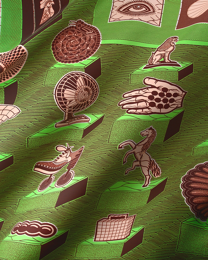 Green fabric pattern brown illustrated wax hollandais vla1617.040