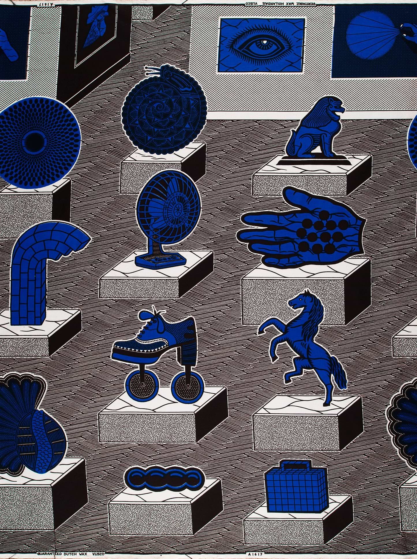 Blue patterned fabric stylized objects wax hollandais vla1617.041
