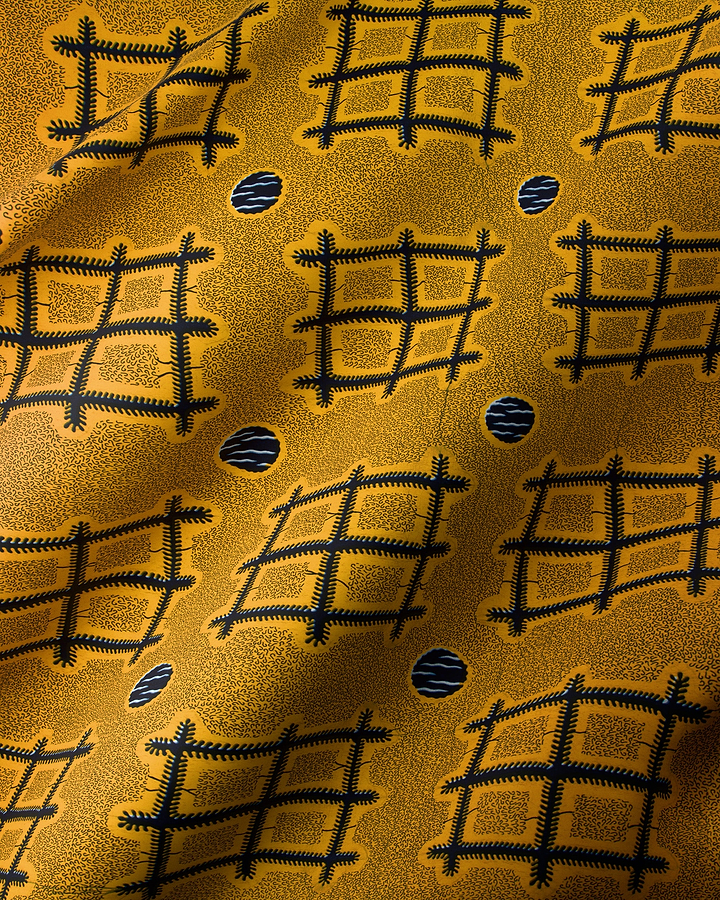 Golden fabric bold black grid wax hollandais vlh1003.104