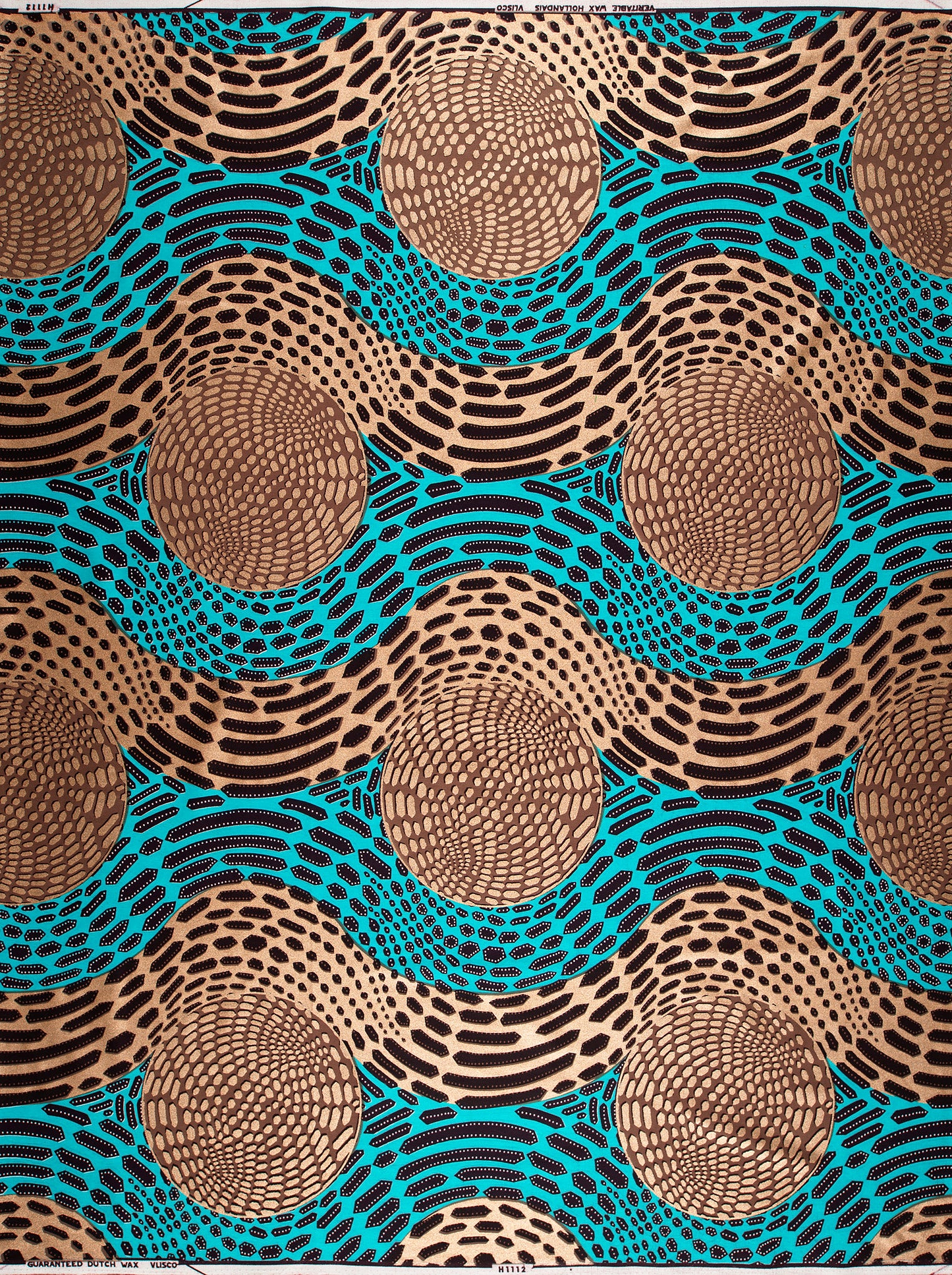 Vibrant turquoise tan patterned fabric wax hollandais vlh1112.010