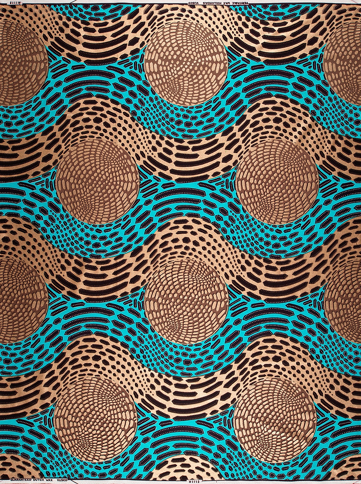 Vibrant turquoise tan patterned fabric wax hollandais vlh1112.010