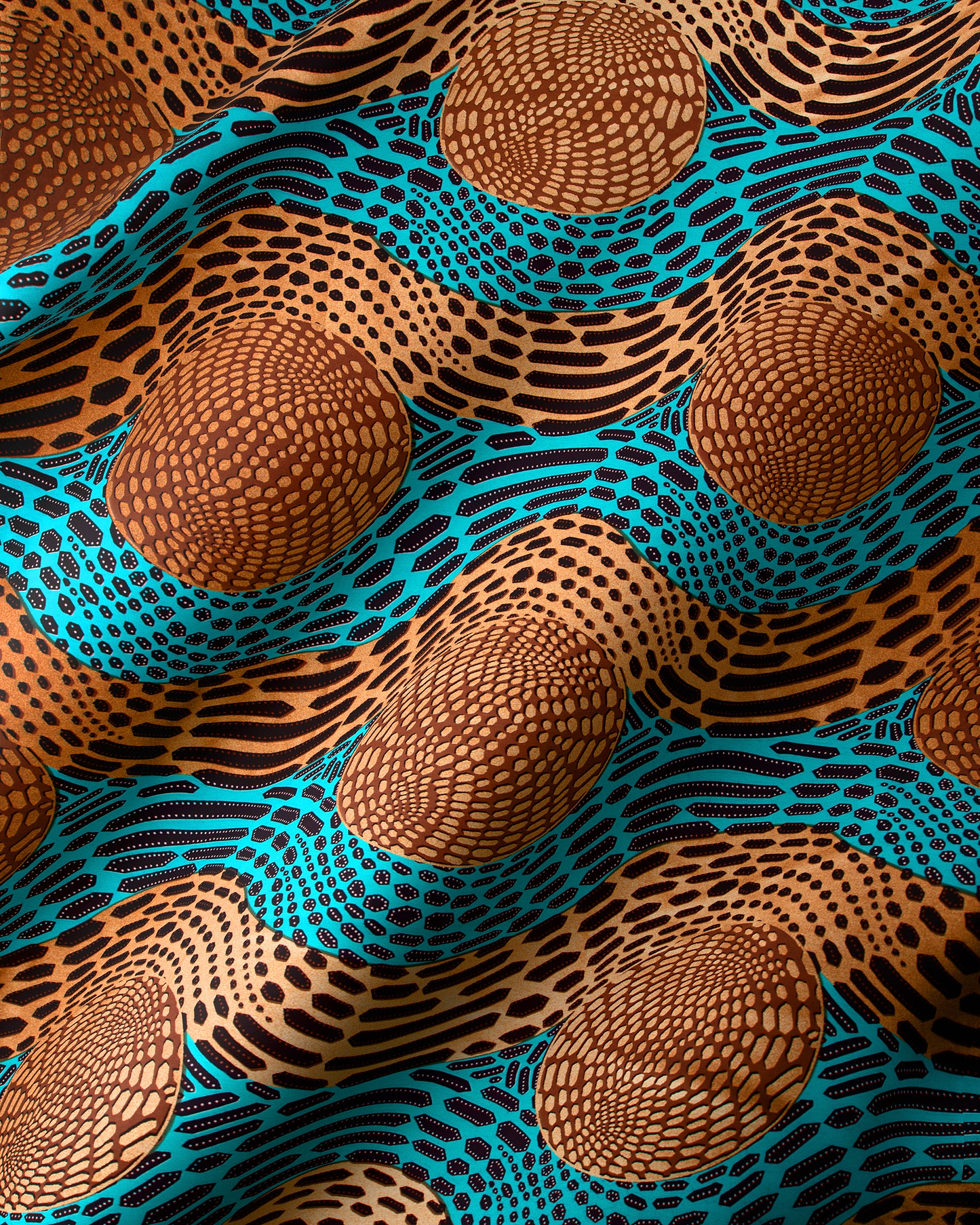 Vibrant turquoise brown patterned fabric wax hollandais vlh1112.010