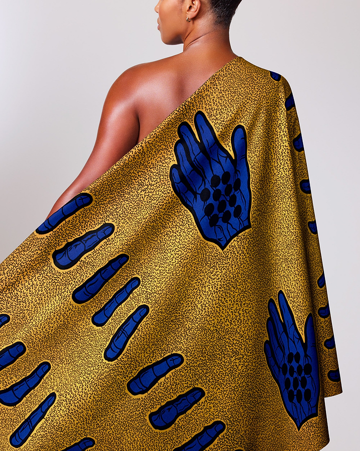 Vibrant gold blue handprint-patterned african wax hollandais vlh1421.053