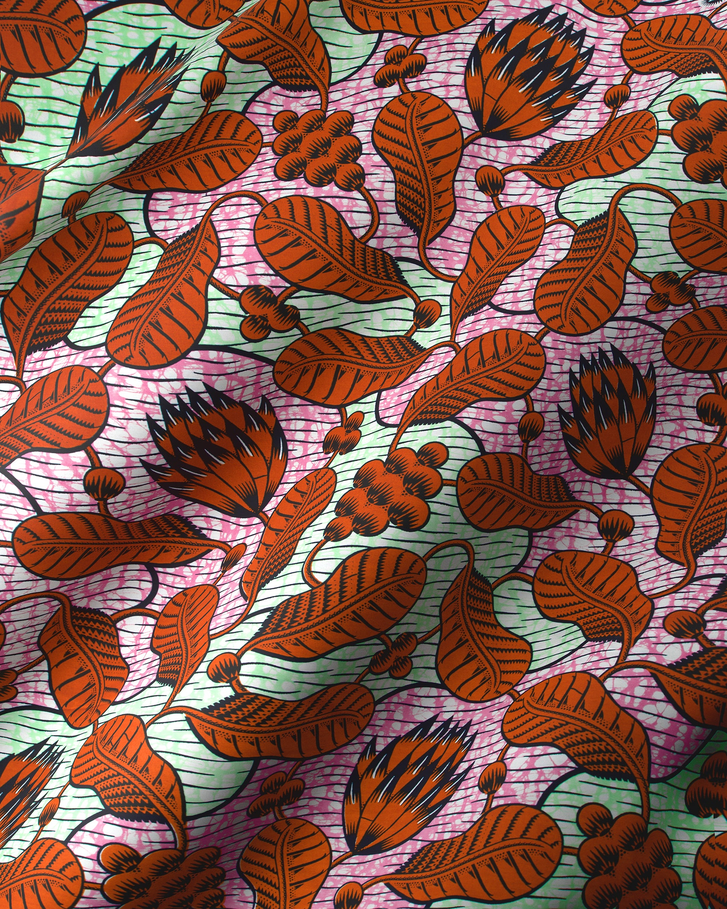 Vibrant orange botanical print fabric super-wax