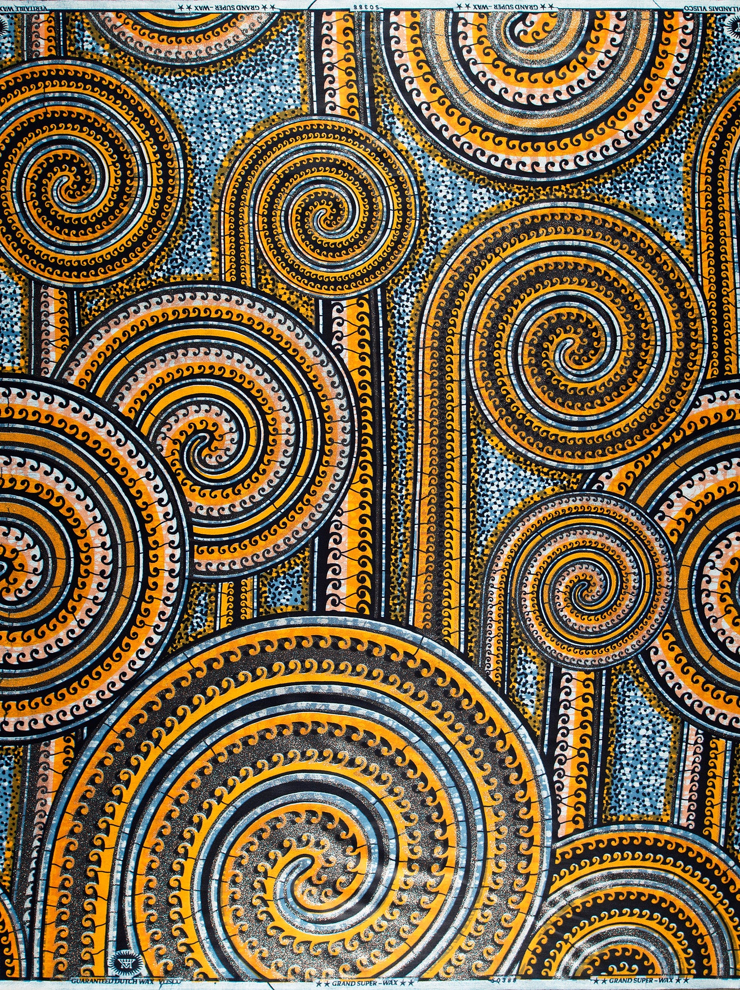 Vibrant orange black spiral-patterned fabric grand super-wax vls0388.006