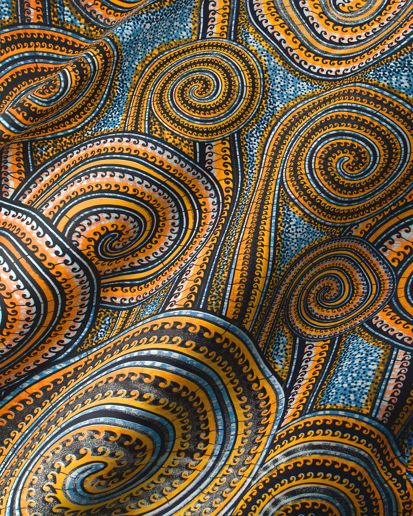 Vibrant orange black spiral-patterned fabric grand super-wax vls0388.006