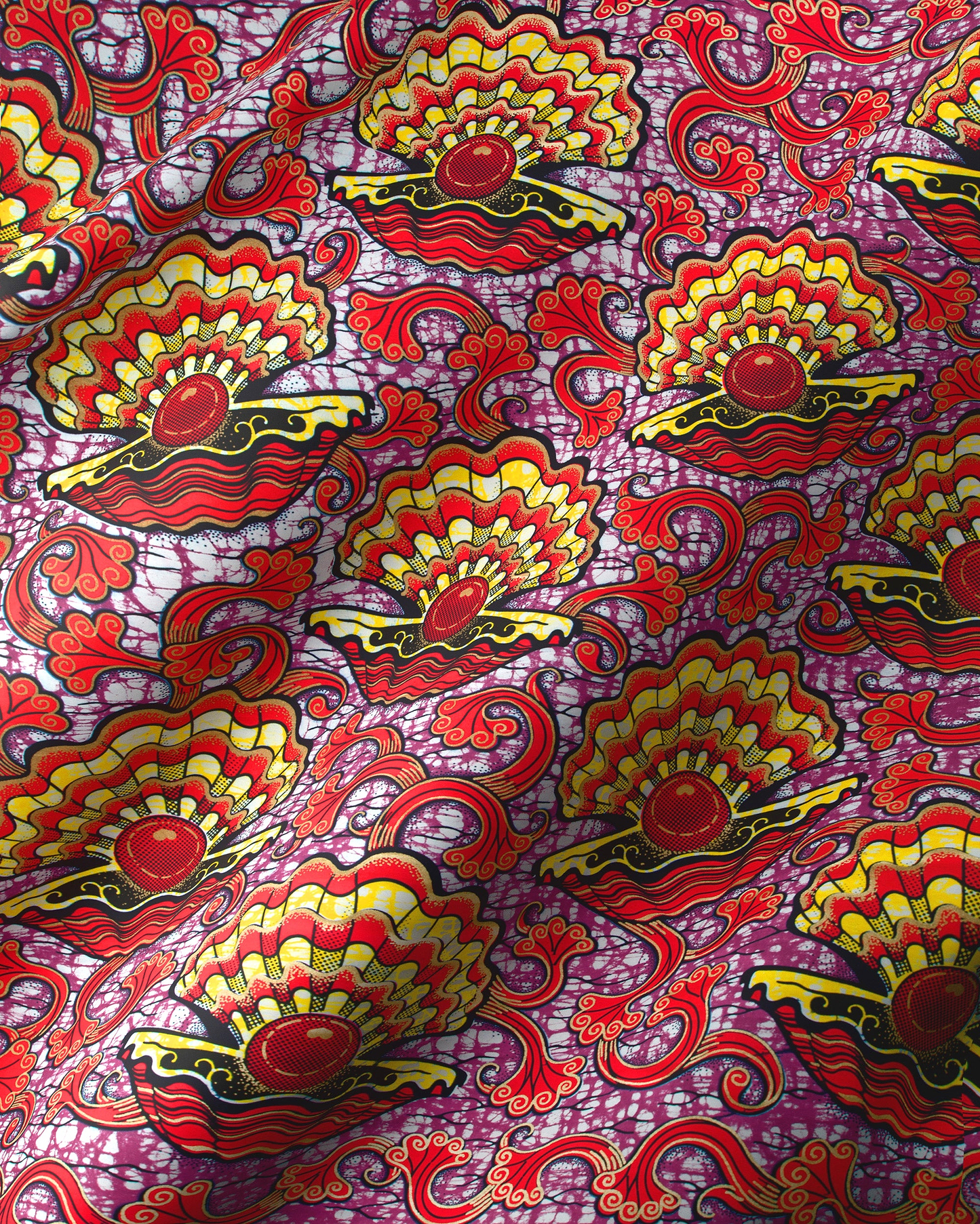 Vibrant red yellow shell-patterned fabric super-wax vls1124.028