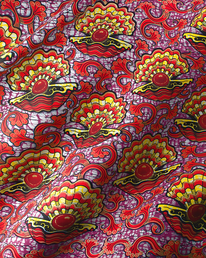 Vibrant red yellow shell-patterned fabric super-wax vls1124.028