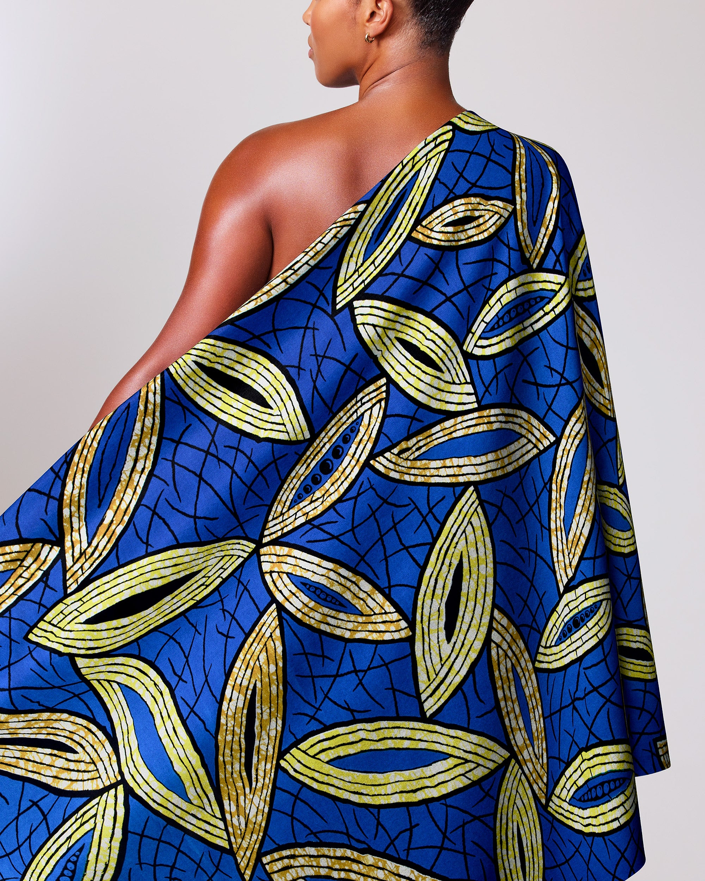 Vibrant blue gold leaf-patterned one-shoulder super-wax vls1884.001